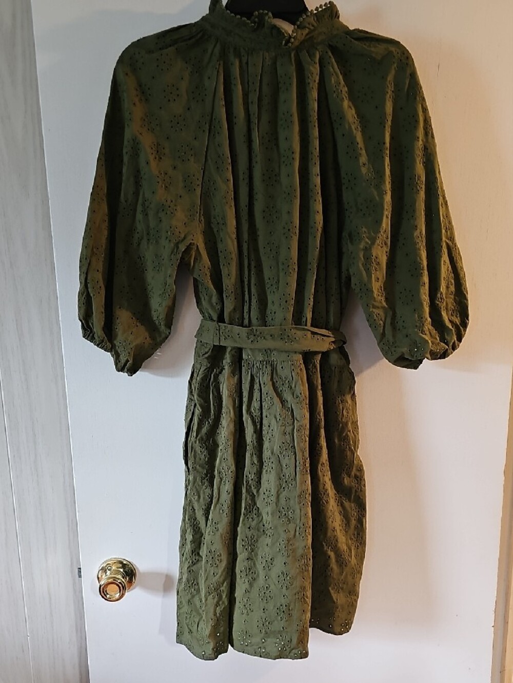 Ann Taylor Olive Green Eyelet Midi Dress with Tie Waist - Picture 3 of 3